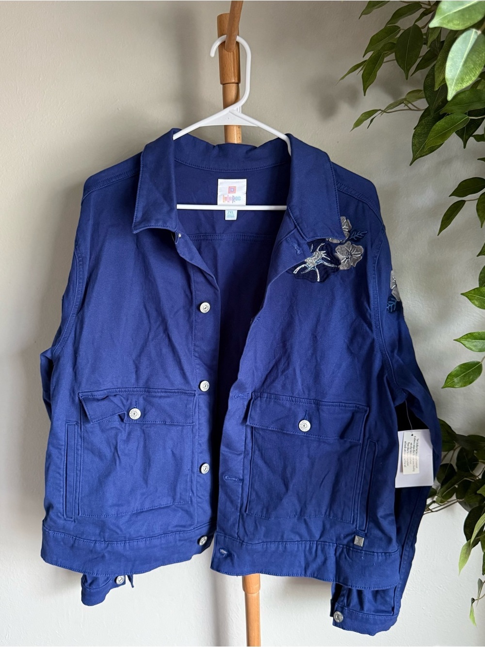 LulaRoe Kenny Royal Blue Button Up Floral Detail Jacket Womens Plus Size 2XL NWT